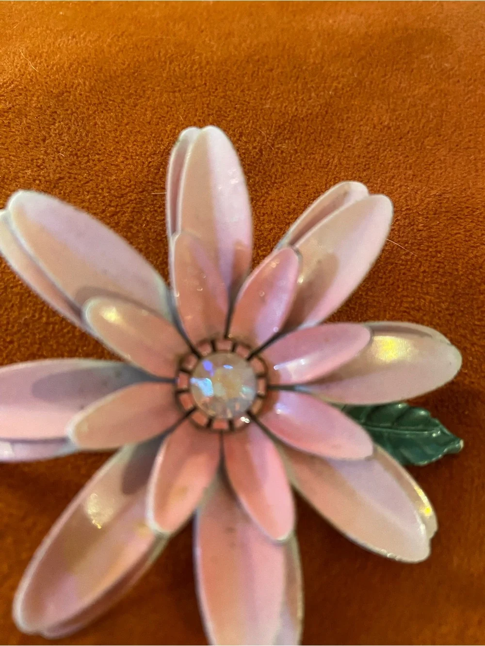 Vintage Pink Flower Petal Brooch with Green Leaf and Rhinestone Center